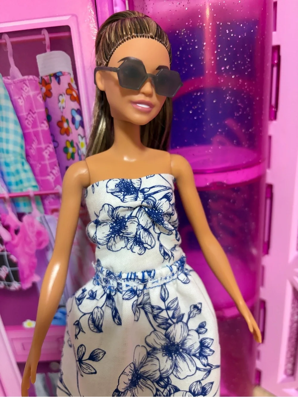 Barbie Fashion Doll Trench Coat with Knit Dress and Sunglasses - Blue White